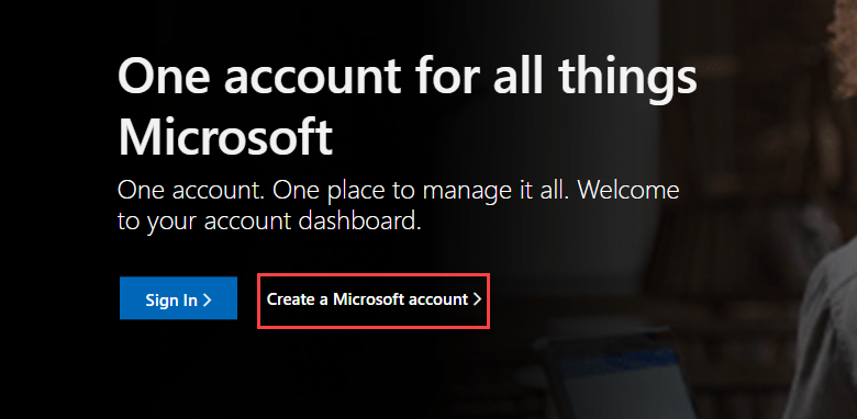 Create Microsoft Account web page