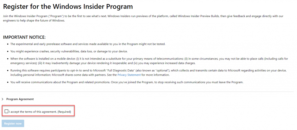 Windows Insider registration page 